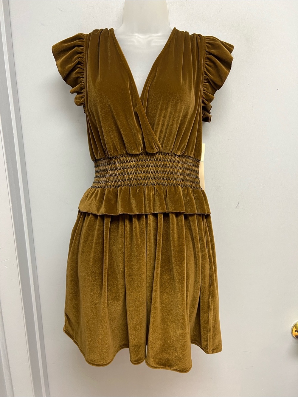 Happy x Nature Velvet Smocked Mini Dress | Bronze Brown | NWT | Size S